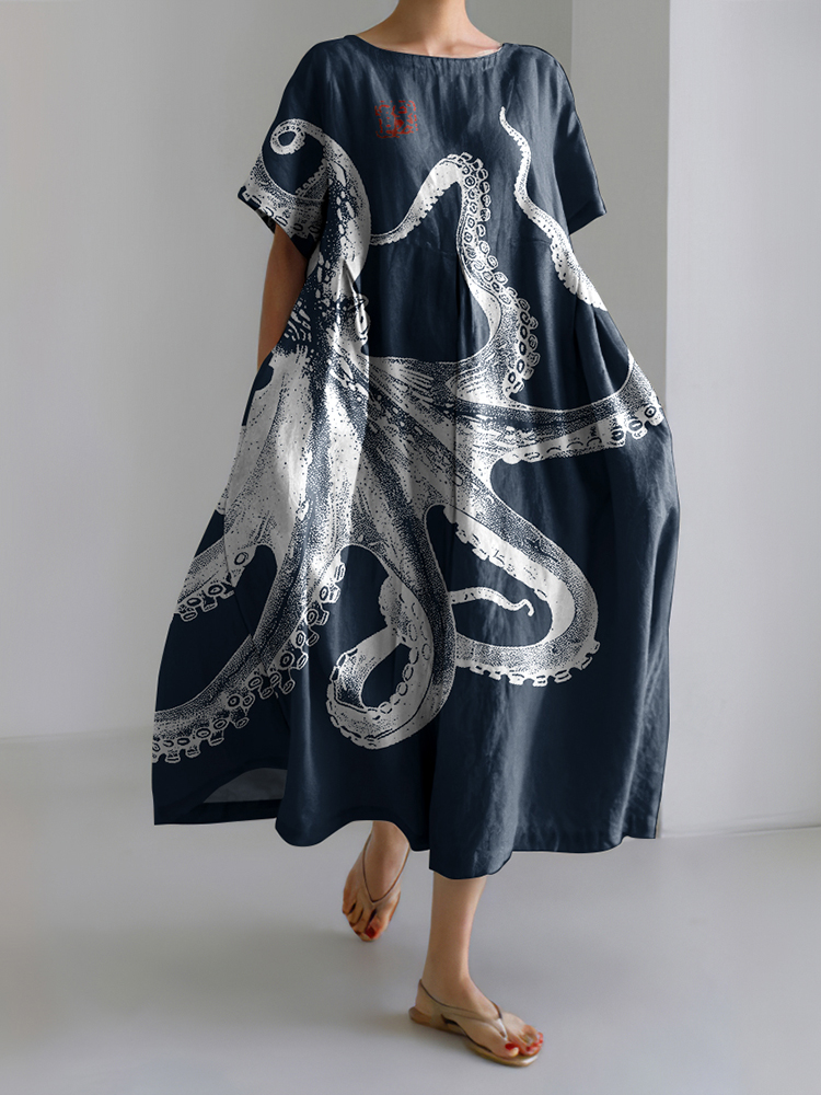 Comstylish Vintage Japanese Art Octopus Print Casual Midi Dress