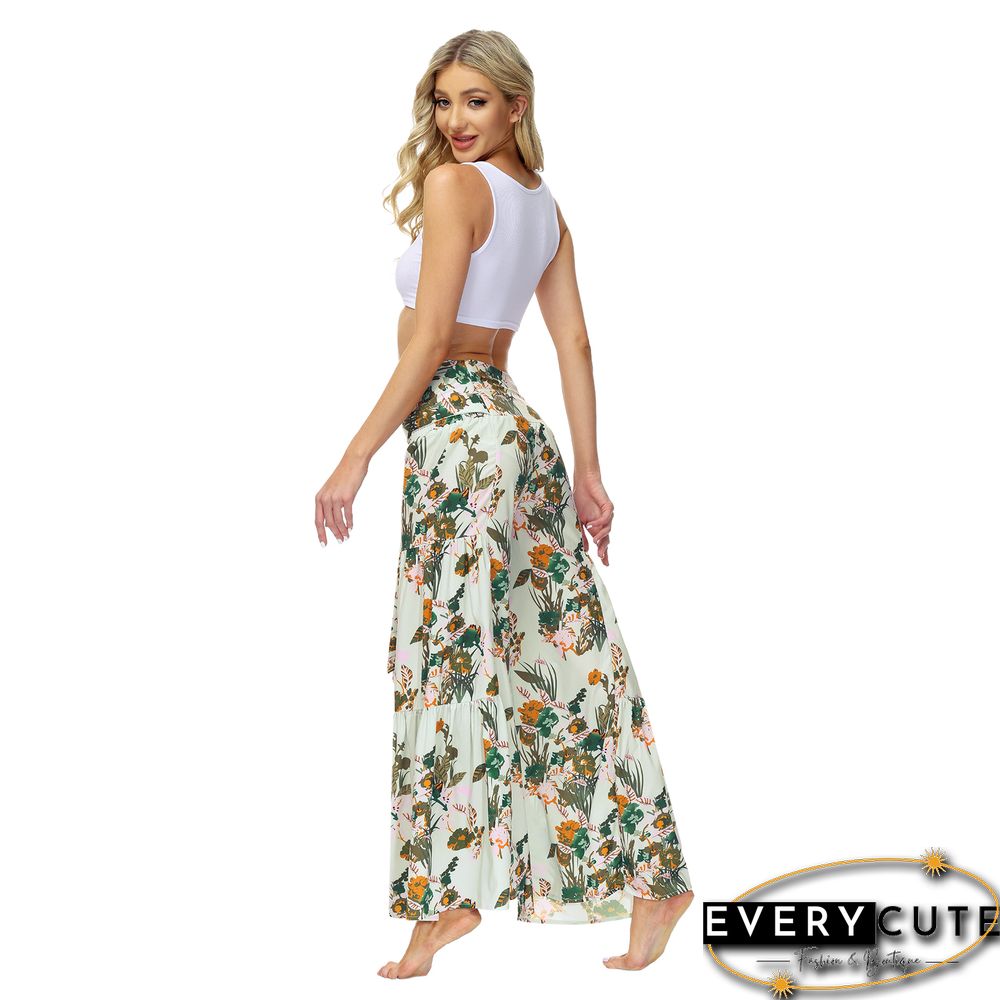 Light Green Digital Print Tie Waist Beachwear Wide Leg Pants