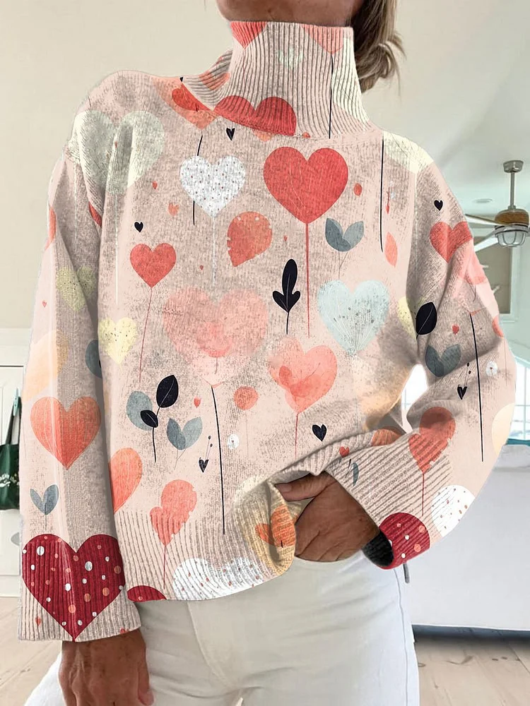 Valentine's Day Vintage Love Art Print Knit Turtleneck Pullover Sweater