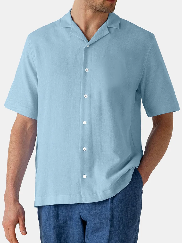 Men's Summer Solid Color Comfortable Cotton And Linen Daily Short-sleeved Cuban Collar Shirt