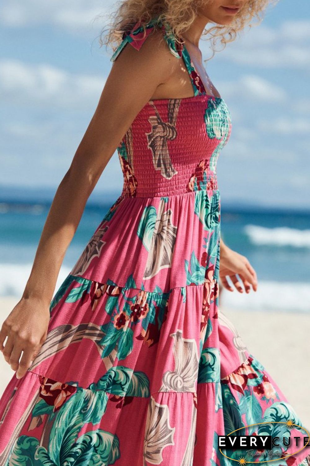 Vacation Print Lace Up Sleeveless Dress