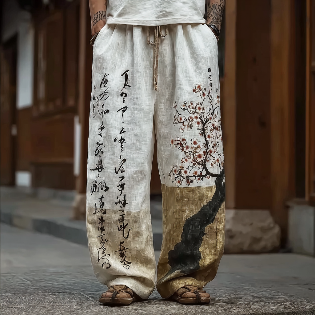 Japanese Art Style Sakura And Calligraphy Pattern Leisure Linen Long Pants  artssus