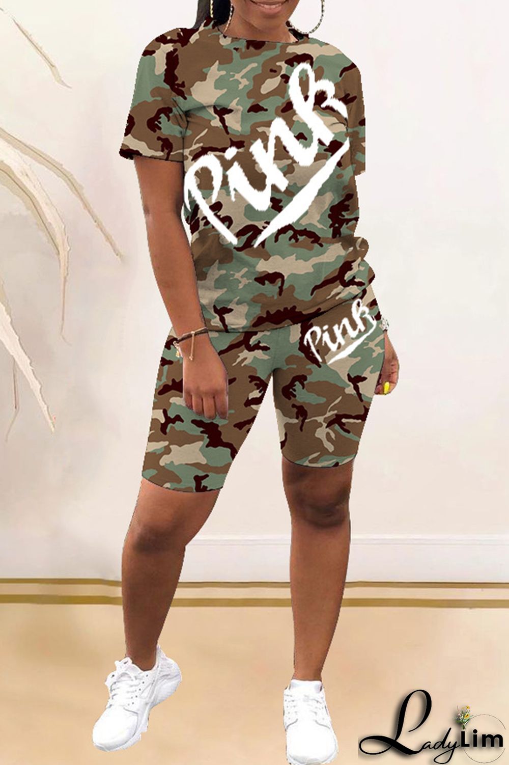 Red Fashion Casual Letter Camouflage Print Basic O Neck Short Sleeve Two Pieces