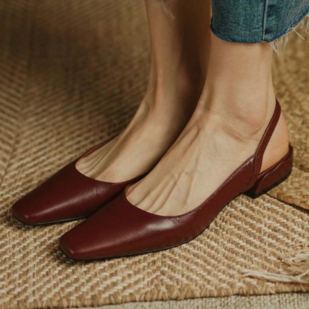 Square Toe Leather Brown Pumps With Slingback Ankle Strap Flats Nicepairs