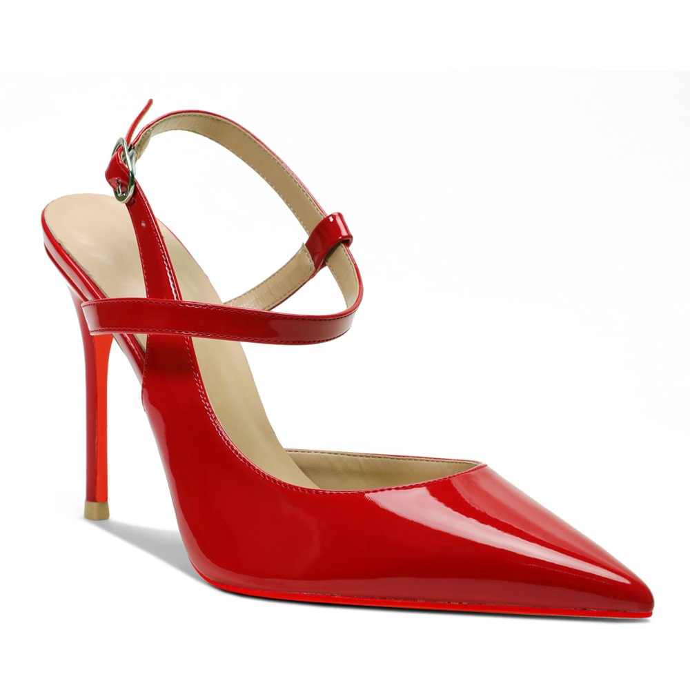 100mm Women Slingback Pumps Ankle Strap Jenlove Stiletto High Heel Close Pointed Toe Dress Red Bottoms Patent Shoes-MERUMOTE
