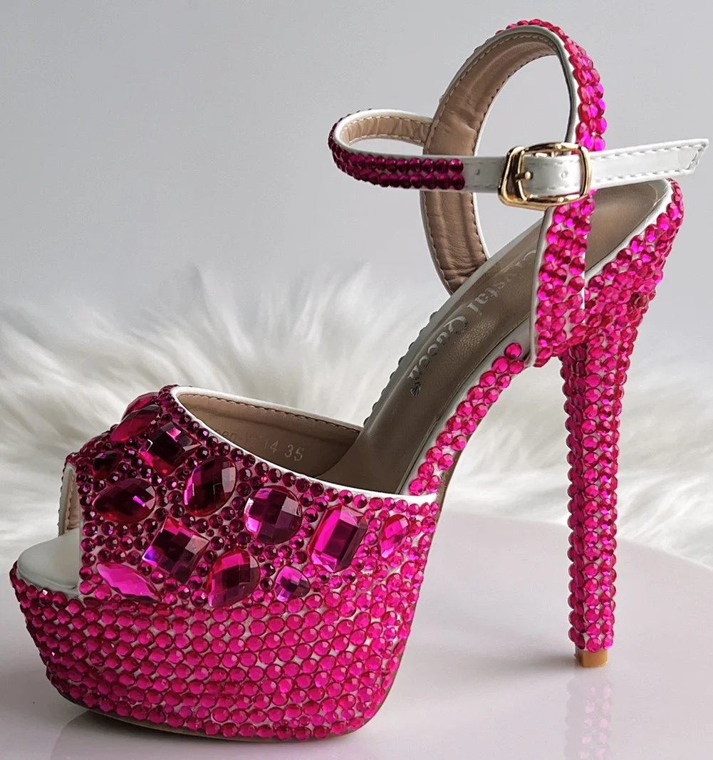 Breakj Breakj Fish Mouth High-Heeled Sandals Fine Heel Water Diamond Wedding Shoes Bride Shoes Color Diamond Crystal Sandals Full Of Diamond Shoes