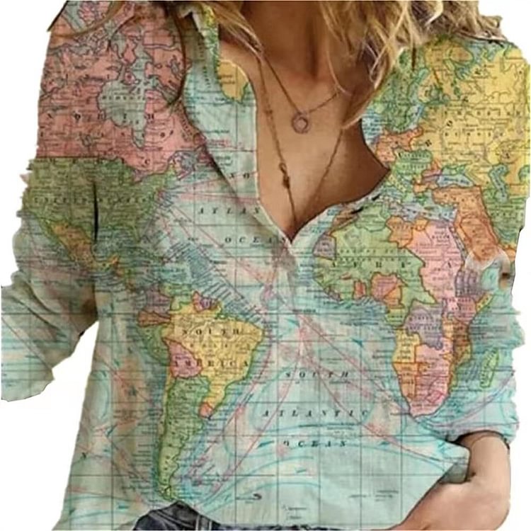 Long-sleeved women's shirt with map depicting positioning printing