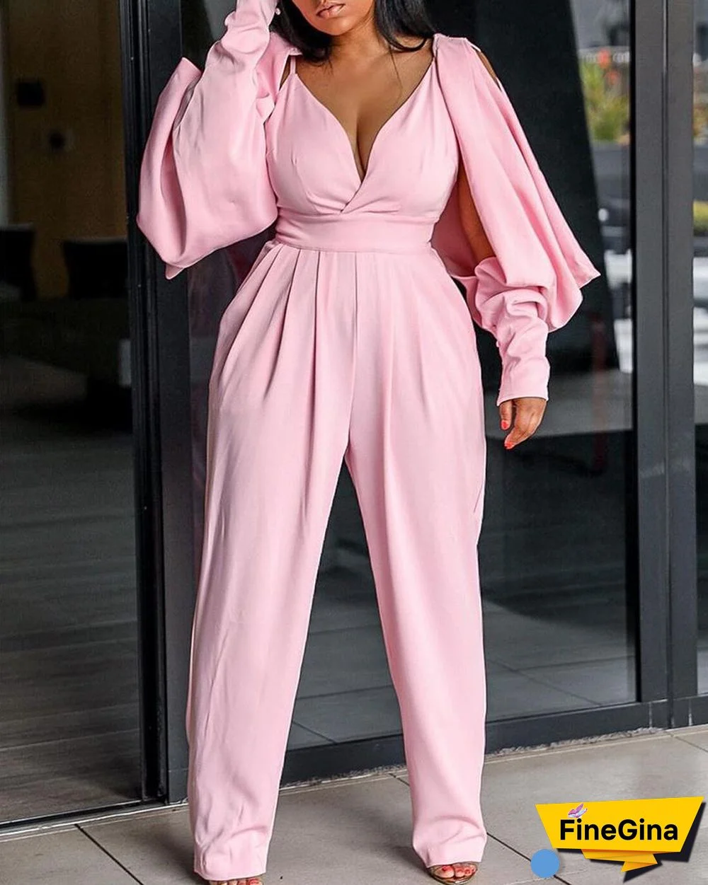 Lantern Sleeve Cutout Ruched Plunge Jumpsuit