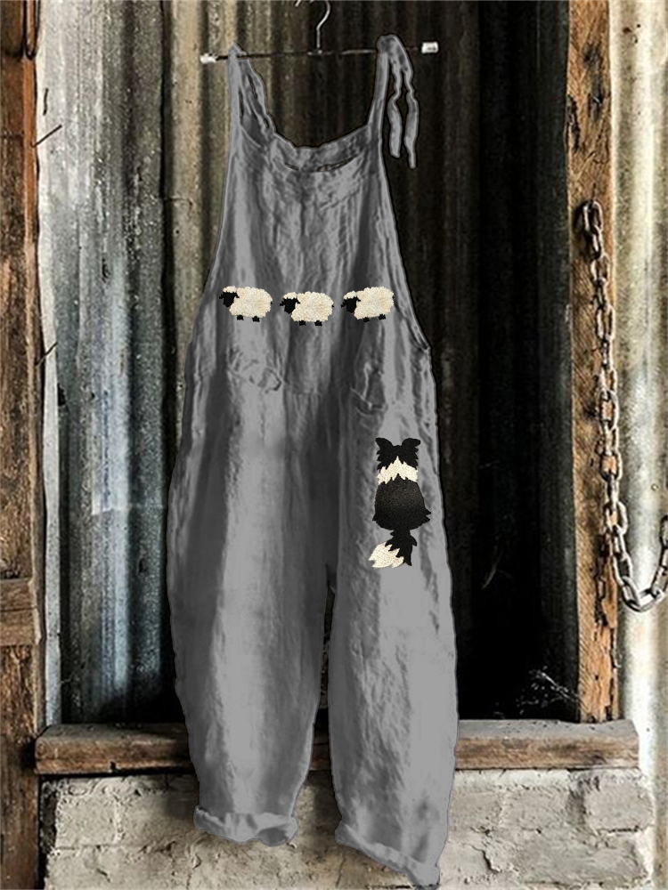 Comstylish Border Collie & Sheep Embroidered Linen Blend Jumpsuit