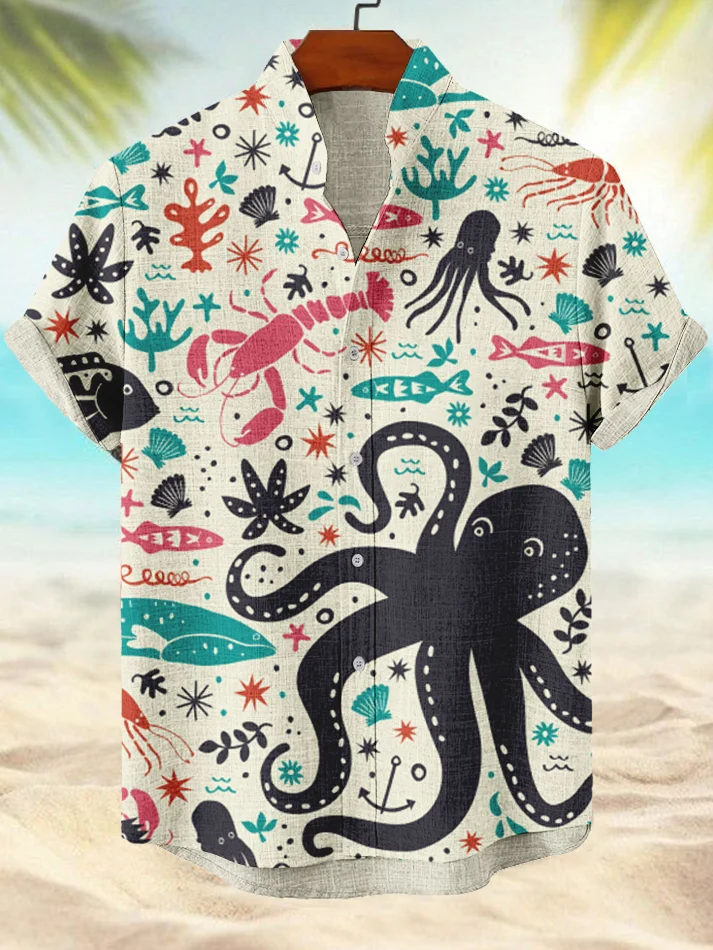 Men's Shell Lobster Octopus Fish Graphic Print Vacation Shirt