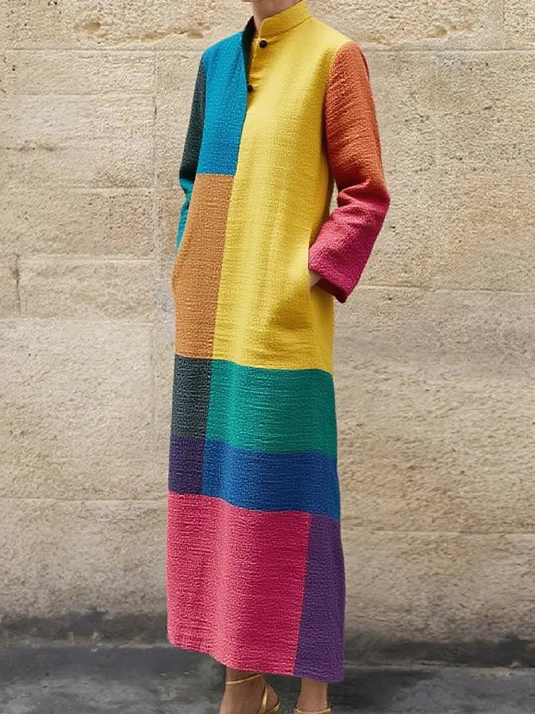 Artistic Color Block Pocket Cotton and Linen Maxi Dress