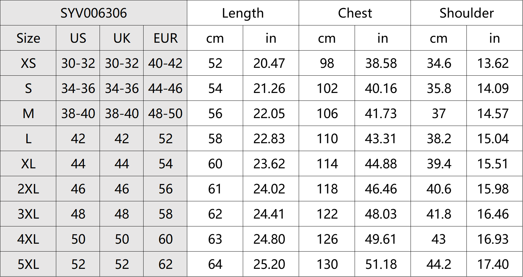 Classic Lapel Suit Vest Size Chart