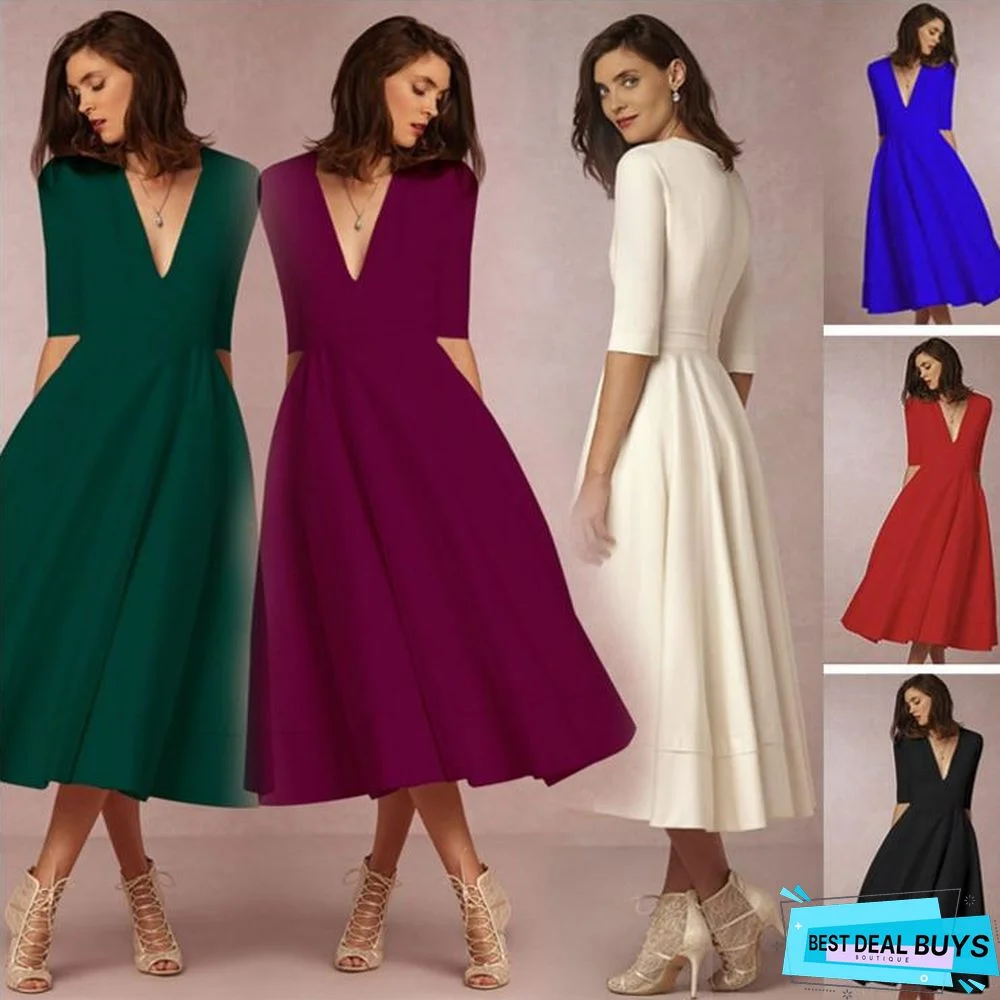 Vintage Women Casual Plus Size Elegant Ball Gown Sexy V Neck Long Party Dresses White Dresses