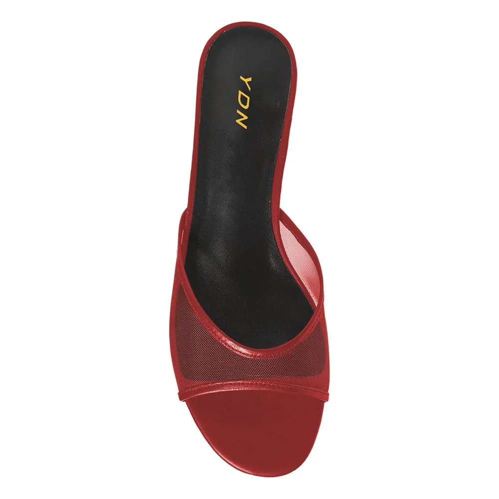 YDN Red Mesh Kitten Heel Open Toe Casual Slides for Women