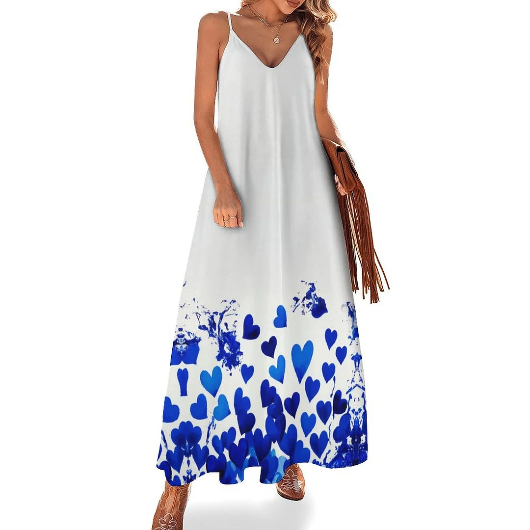 Style & Comfort for Mature Women Plus Size Printed Sling Casual Women Maxi Dress in Pattern Hearts, Floral, Blue, Watercolor
