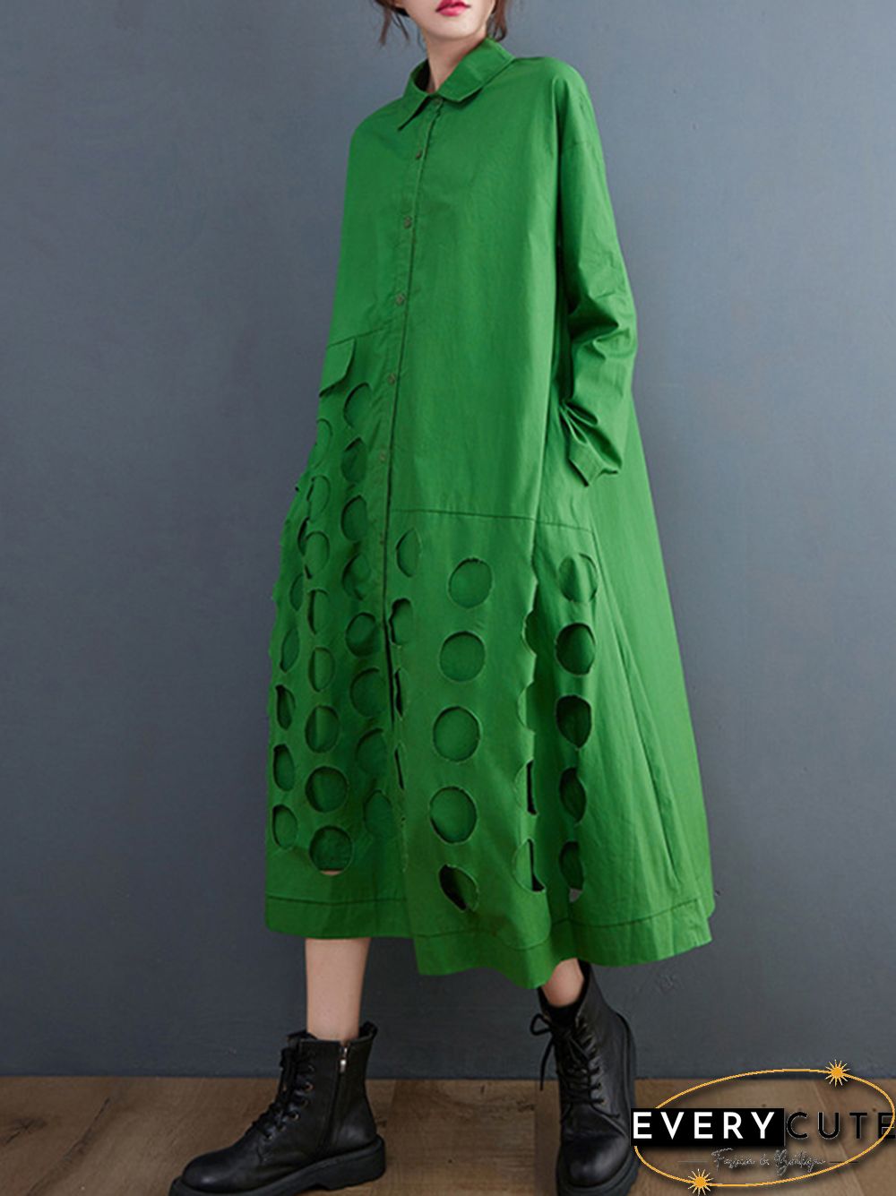 A-Line Long Sleeves Asymmetric Hollow Polka-Dot Solid Color Lapel Midi Dresses