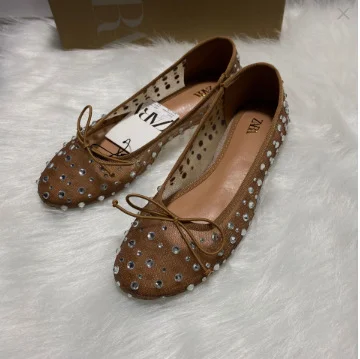 Breakj Breakj Home 2025 New Fashion Women's Shoes Beige Bow Decorated Full Of Stars Ballet Wind Flat Shoes Comfortable