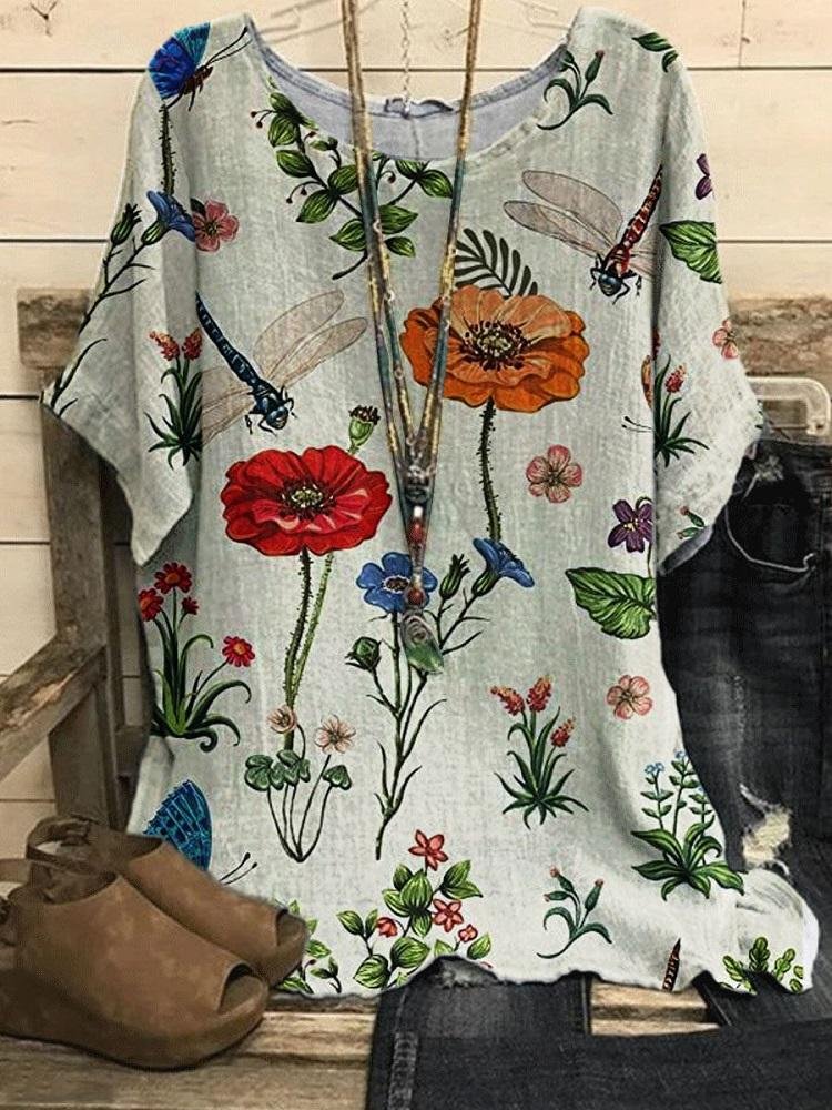 Floral And Dragonfly Printed Round Neck Women's T-Shirt