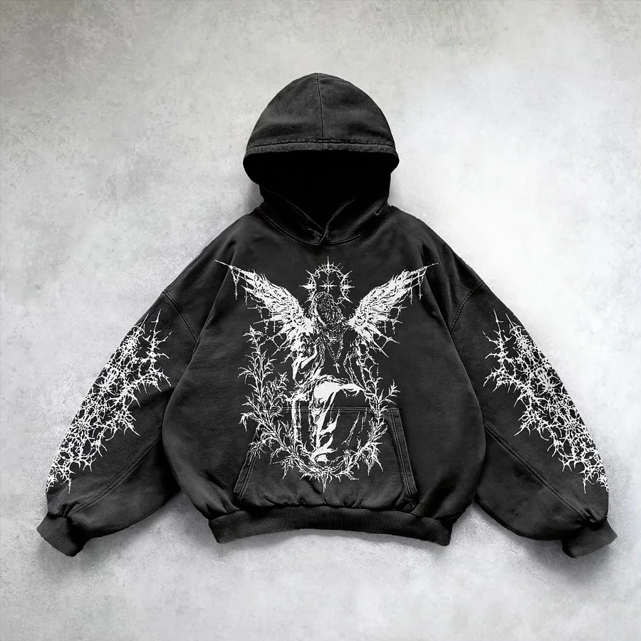 Vintage Angels Descend Graphic Acid Washed Oversized Hoodie