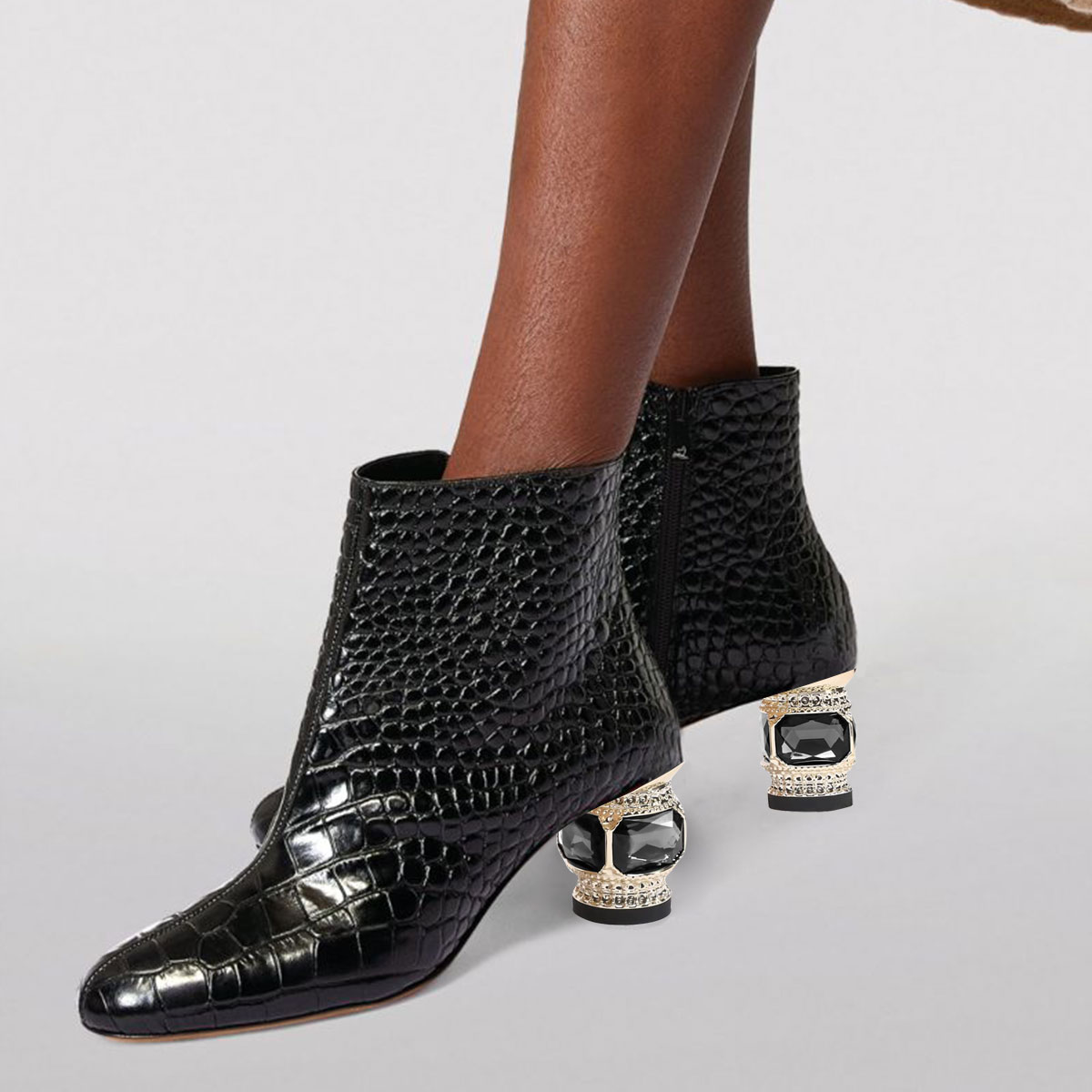 Black Pointed Toe Decorative Heel Side-Zip Ankle Boots Nicepairs