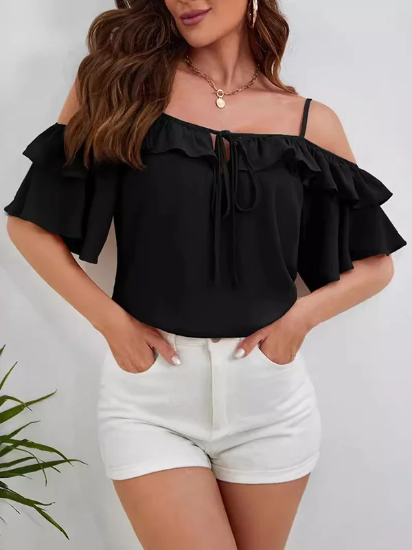 Ruffle Trim Solid Color Tied Half Sleeves Loose Off-the-shoulder Blouses&shirts Tops