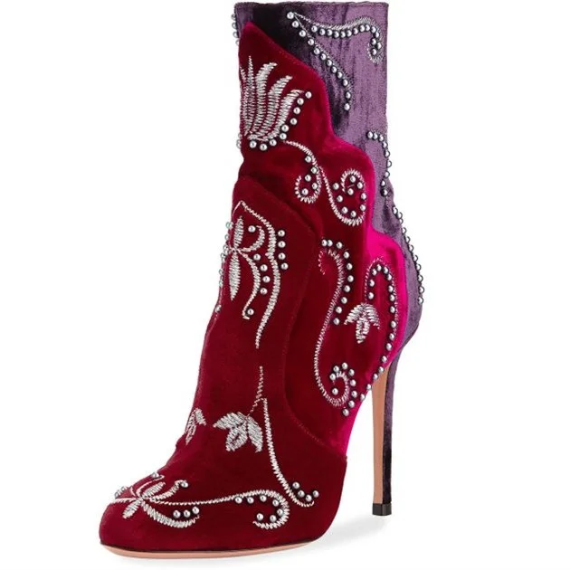 Wine Red Velvet Boots Embroidery Stiletto Heel Ankle Boots