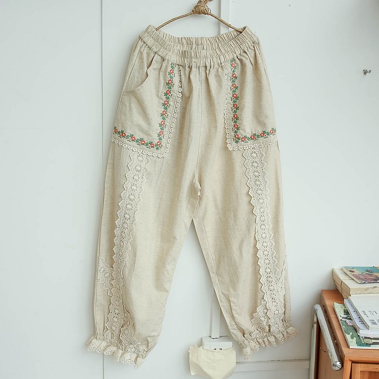 Queenfunky cottagecore style Linen Embroidered Cropped Bloomers QueenFunky
