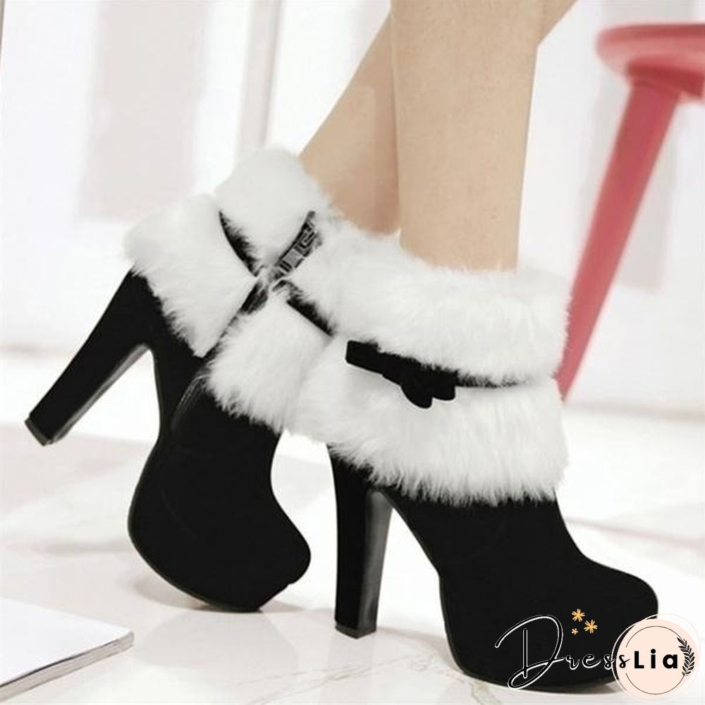 Brand New Women Winter Boots High-heeled Ankle Boots Suede Fur Booties For Casual/Party/Christmas Dress Black Red Colors
