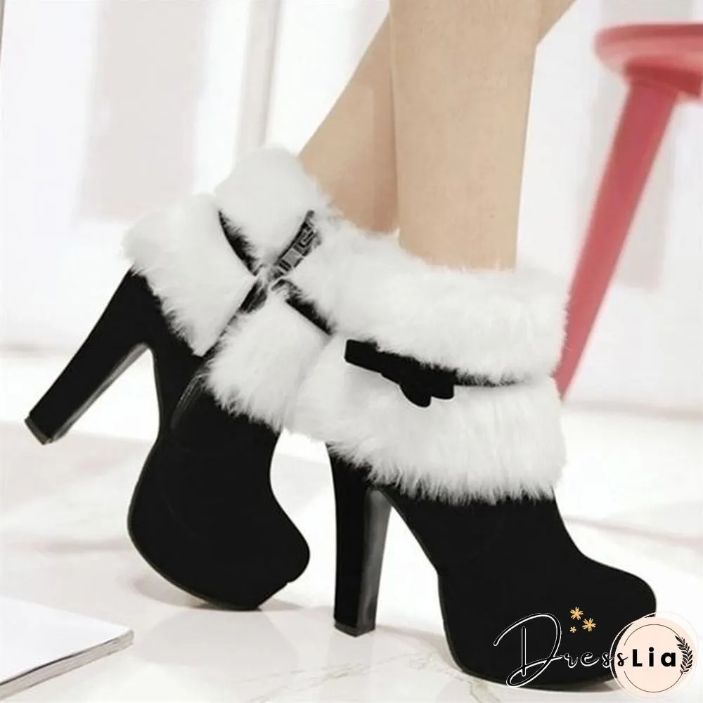 Brand New Women Winter Boots High-heeled Ankle Boots Suede Fur Booties For Casual/Party/Christmas Dress Black Red Colors