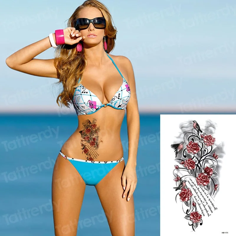 temporary fashion tattoos rose flower leaves sexy girl model tattoos for women temporary tattoo sticker roses body art tatoo