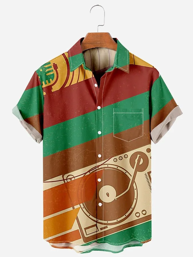Men's Vintage Music Contrast Diagonal Stripe Printed Short Sleeve Hawaiian Shirt