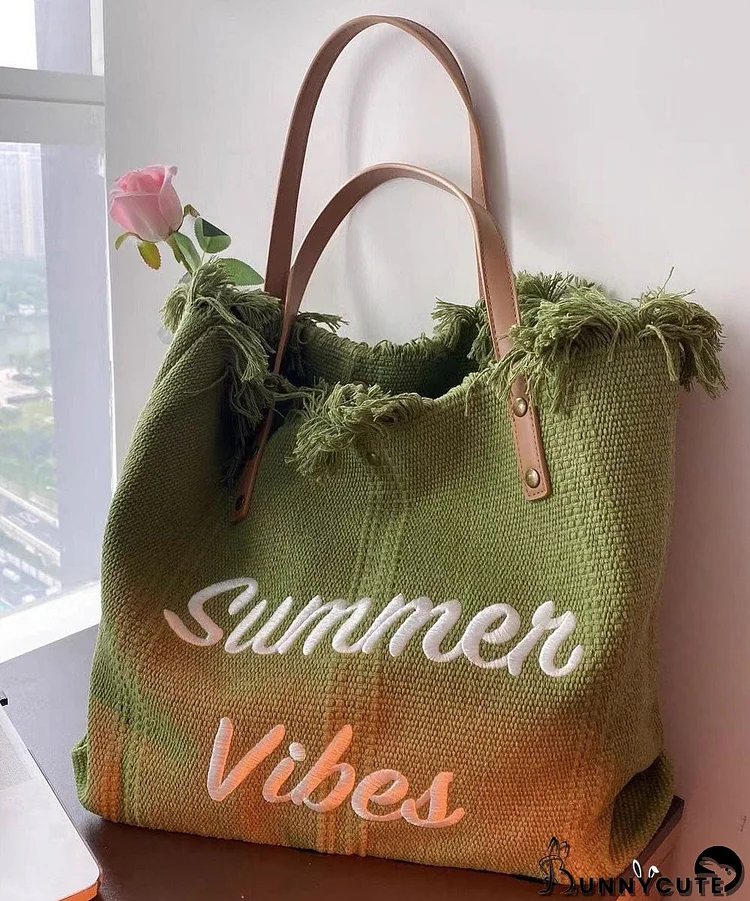 Beautiful Green Letter Embroidery Canvas Oversize Tote Handbag