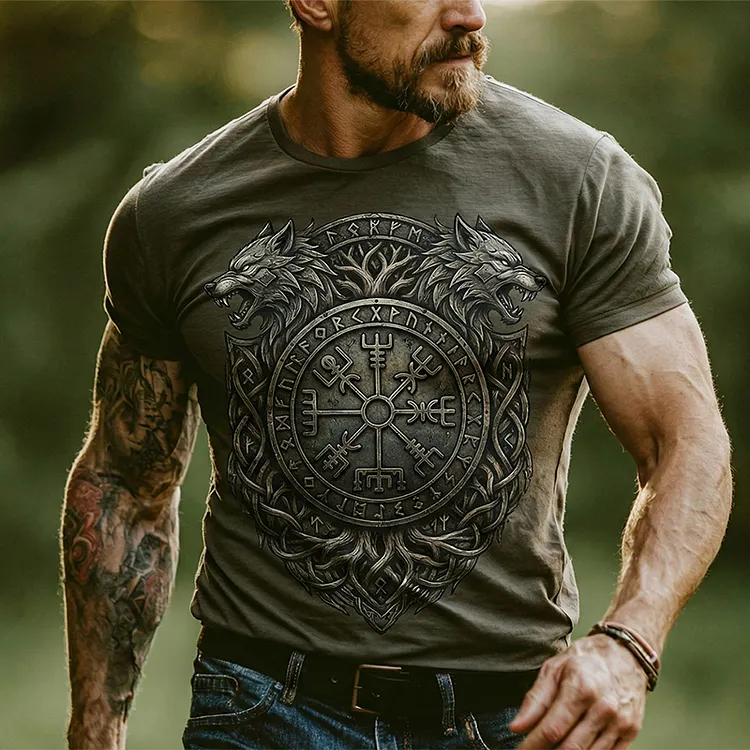 Men's Viking Vegvisir With Wolf Celtic  Print Comfy T-shirt