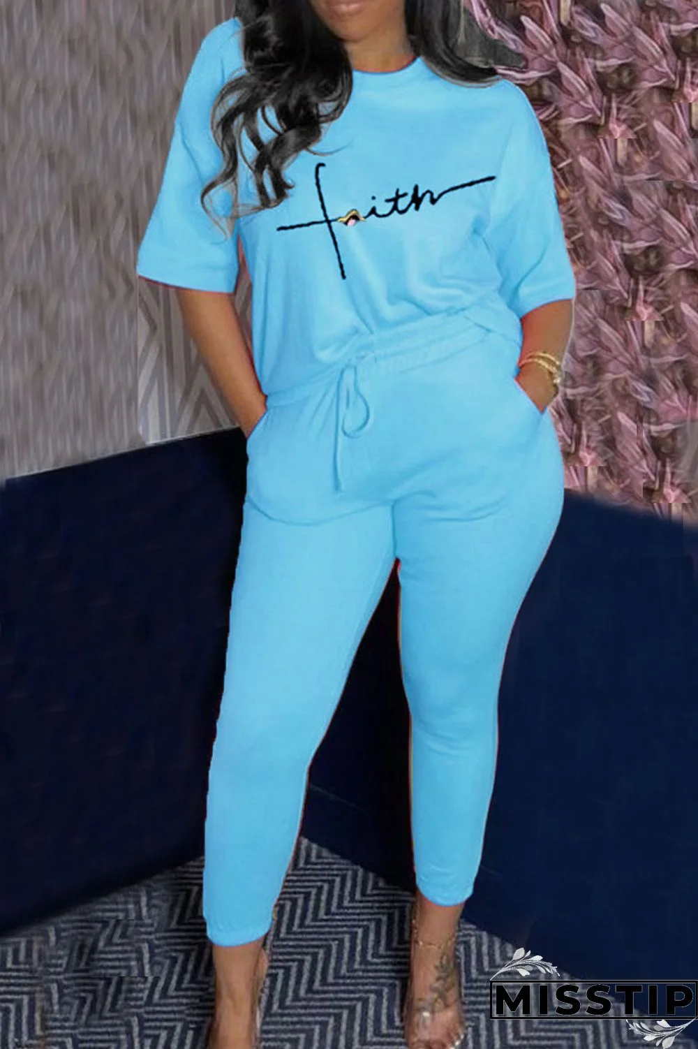 Blue Casual Letter Print Patchwork O Neck Half Sleeve Two Pieces