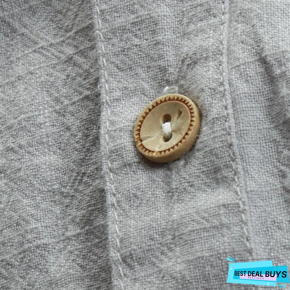 Men Spring/Fall 3/4 Sleeve Loose Turndown Collar Shirts Linen