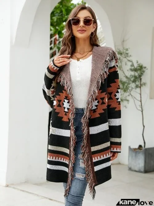 Fringe Geometric Hooded Long Sleeve Cardigan