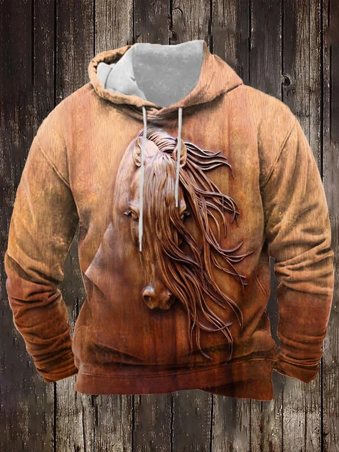 Men's Vintage Horse Print Casual Hoodie