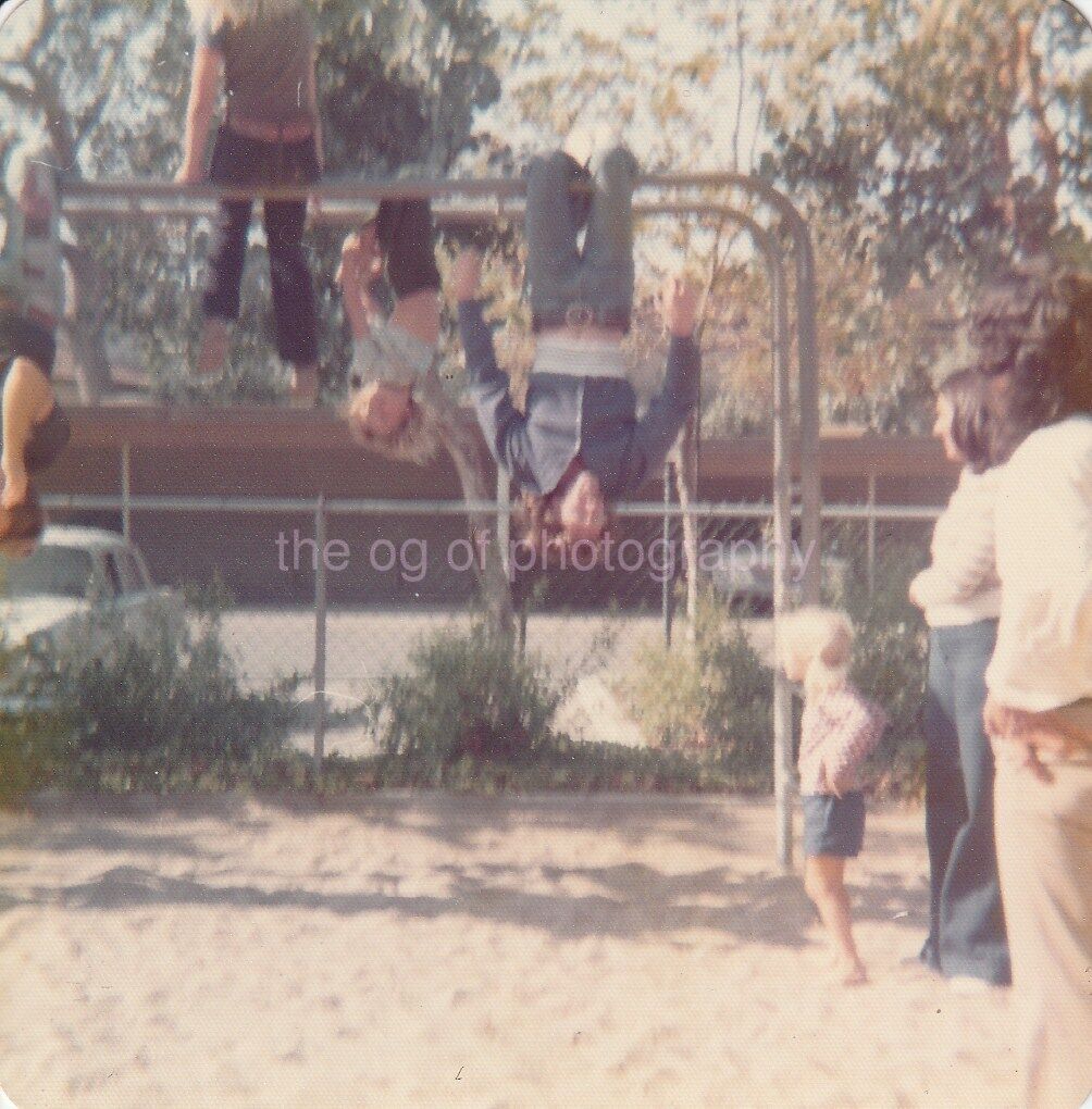 Upside Down Kids PLAYGROUND MOMENT Found Photo Poster painting Color70s 91 9 E