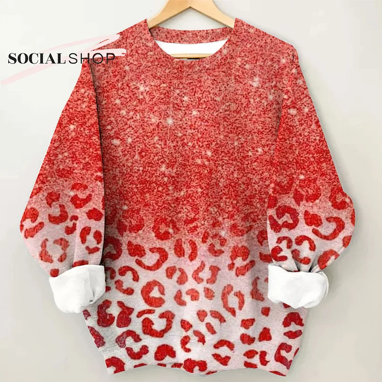 Glistening Red Ombre Leopard Print Women's Long Sleeve Round Neck Top socialshop