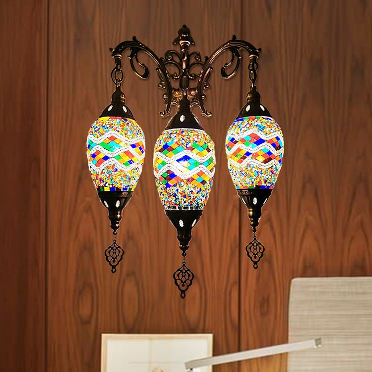 Stained Glass Yellow/Orange/Blue Wall Mount Light Oval 3 Lights Vintage Sconce Light Fixture