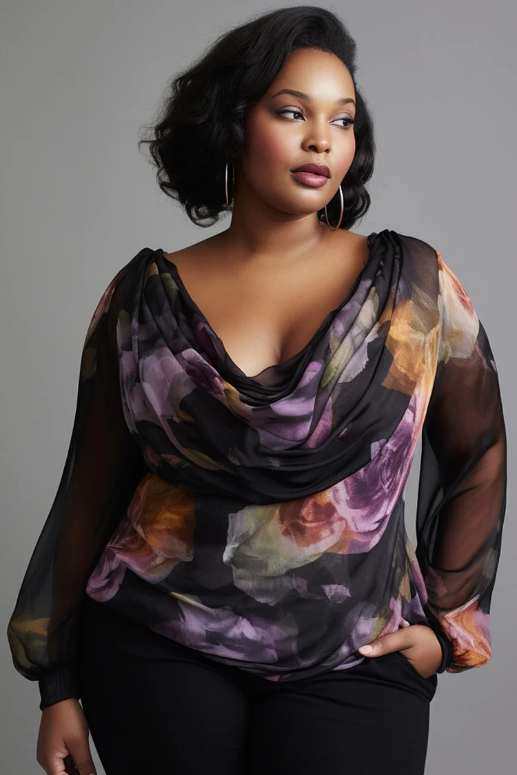 Xpluswear Design Plus Size Business Casual Multicolor Casual Floral Cowl Neck Long Sleeve See Through Tulle Blouses [Pre-Order] 2024 - Xpluswear