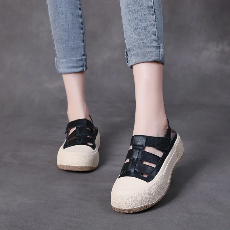 Yyvonne To 99] Leather Sports Sandals Women Wearing Women Wearing Women's Coats Magic Sticker Flat Leather Roman Thick Bottom