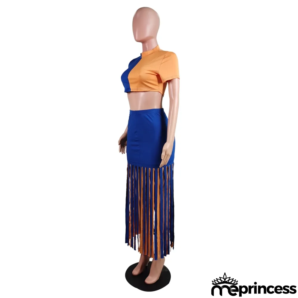 Summer Contrast Sexy Crop Top and Tassels Skirt Set