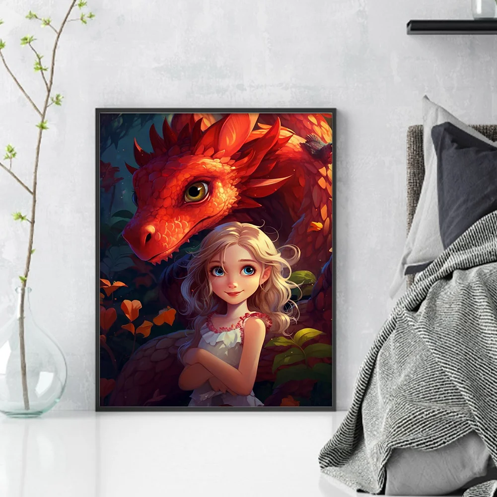 9CT Full Cross Stitch Bead Embroidery - Girl Dragon(Canvas|40*50CM)