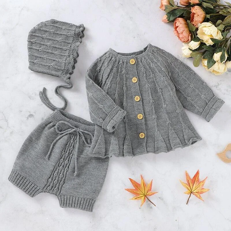 New 2020 Spring Autumn Infant Baby Girls Pure Color Cardigan Coat + Pants+ Hat Clothing Sets Kids Suit Girl Knit Sets Clothes
