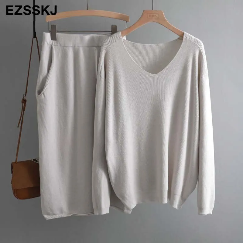 v-neck lazy oversize Sweater suit dress women casual loose sweater +straight skirt with pocket  feamle sweater set dress