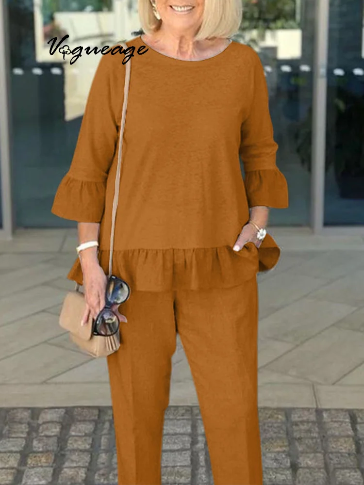 Fashion Retro Round Neck Shirt Loose Nine-Point Pants Cotton And Linen Two-Piece Su