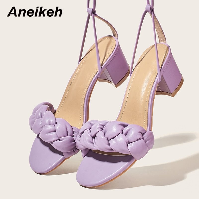 Aneikeh Sweet Women Shoes PU Fashion Sexy Square Heels Sandals 2021 Summer Elegant Party Cross-Tied Gladiator Lace-Up Checkered
