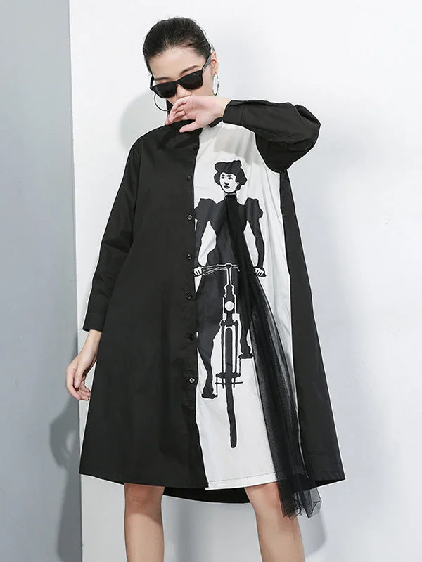 Art Lapel Black Contrast colors Characters Print Long Sleeve Shirt Dress