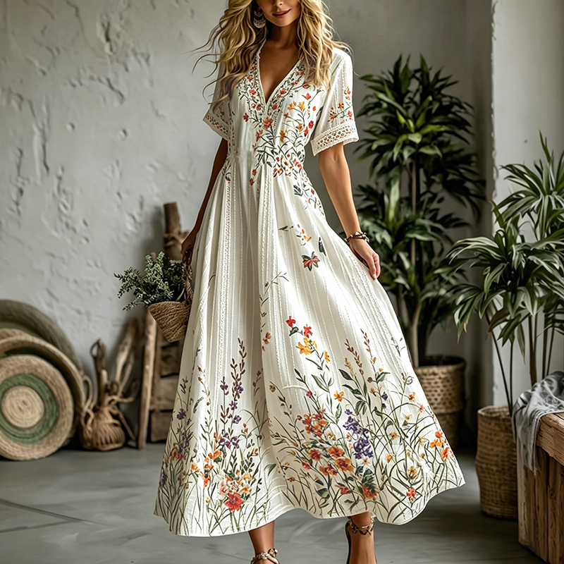 Comstylish Women's Vintage Spring Floral Art Flowy Linen Maxi Dress